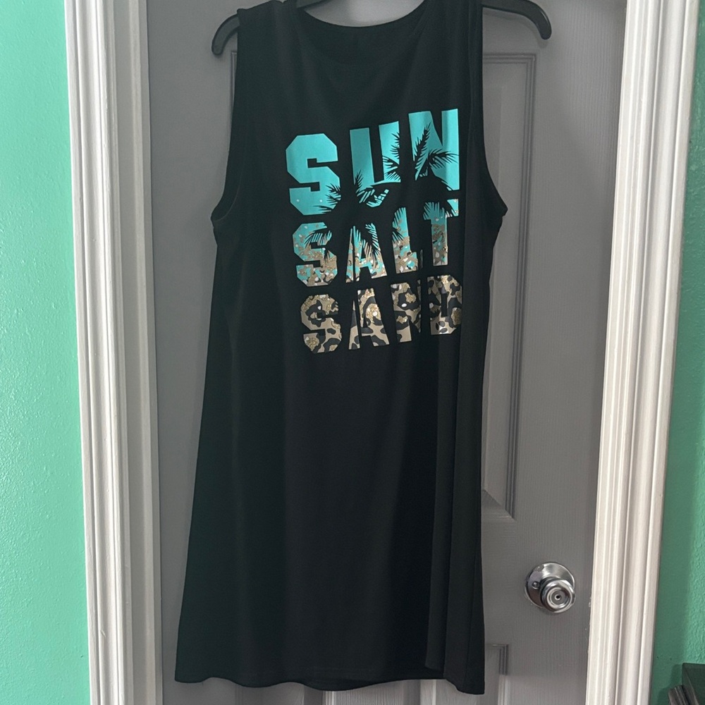 Black Sleeveless Beach Graphic Dress - "Sun Salt Surf"